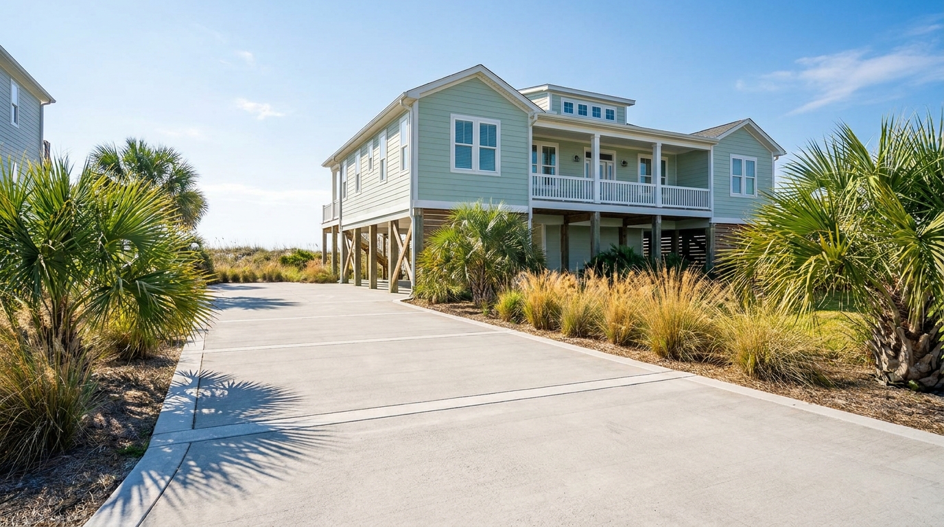 pressure washing driveway Wrightsville Beach NC clean concrete driveway at a beach house on pilings