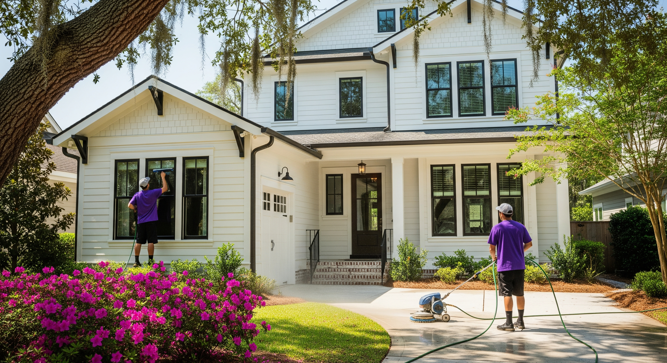 Full exterior cleaning bundle service in Wilmington NC with house washing window cleaning and pressure washing