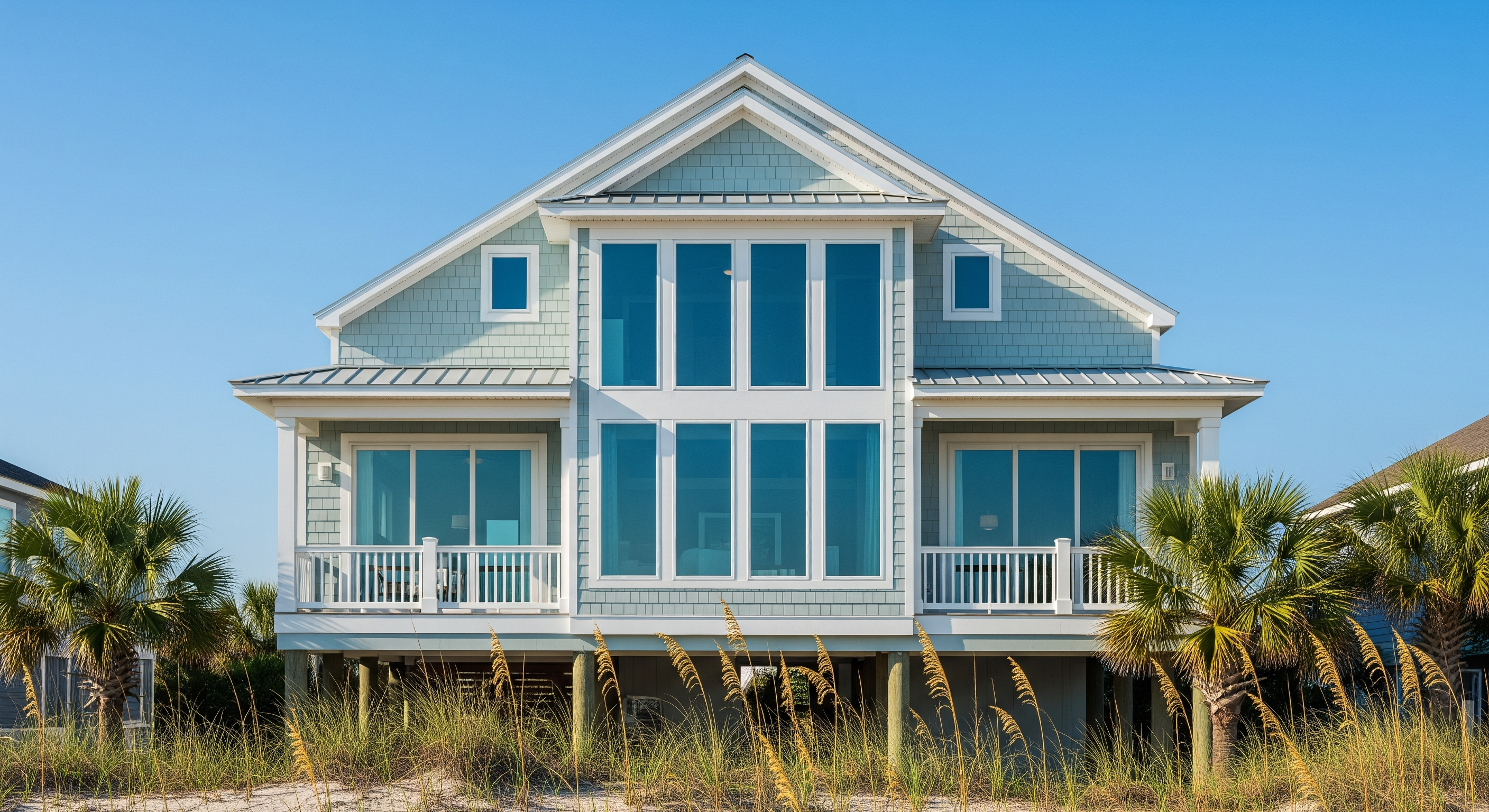window washing Kure Beach NC spotless oceanfront windows on a raised beach house