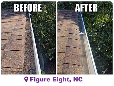 Gutter cleaning on Figure Eight Island, Wilmington NC - before and after of a gutter packed with pine needles cleared to bare metal