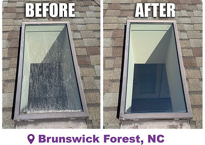 Before and after skylight cleaning in Brunswick Forest, Leland NC - oxidation and hard water removed from rooftop glass