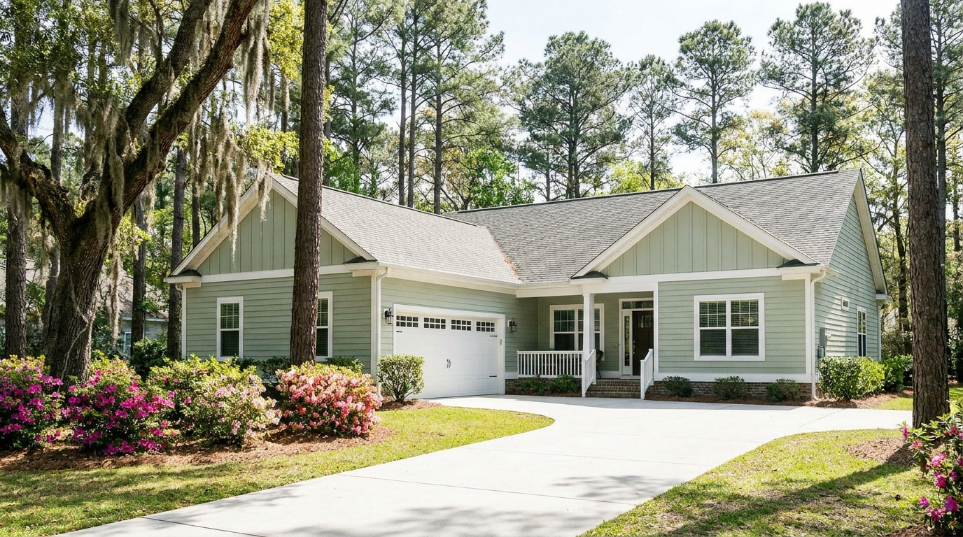 professional exterior cleaning Castle Hayne NC freshly washed ranch home under loblolly pines