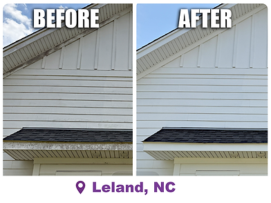 Before and after house washing in Leland NC - algae removed from white siding and fascia boards