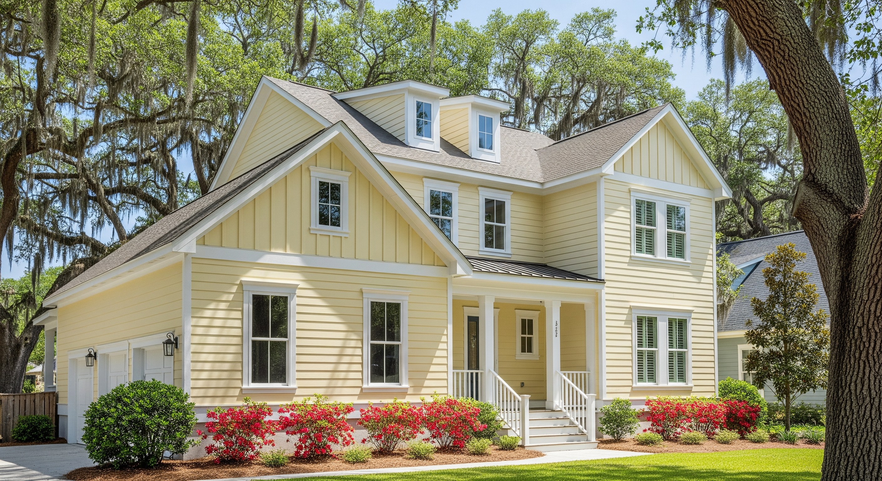 Pristine soft-washed two-story home with pale yellow Hardie-board siding in Wilmington NC