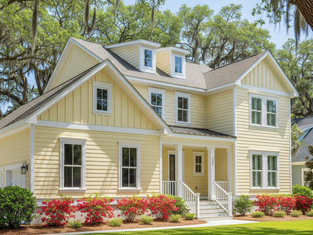Pristine soft-washed two-story home with pale yellow Hardie-board siding in Wilmington NC