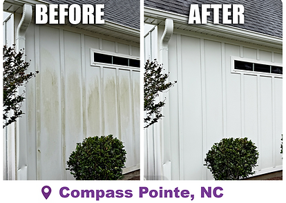 Before and after house washing in Compass Pointe, Leland NC - algae and mildew removed from white board-and-batten siding