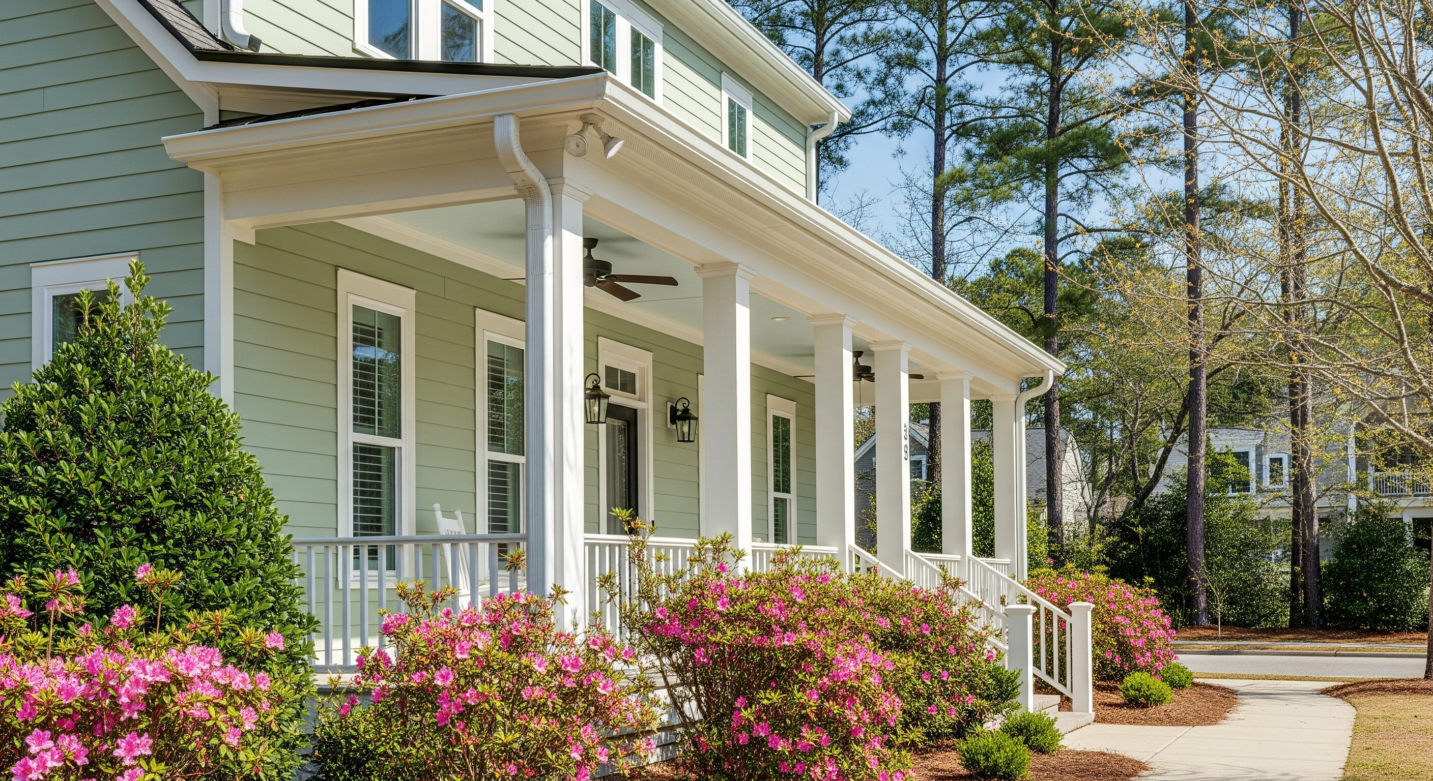 Clean white aluminum gutters on a Wilmington NC home, no debris in trough