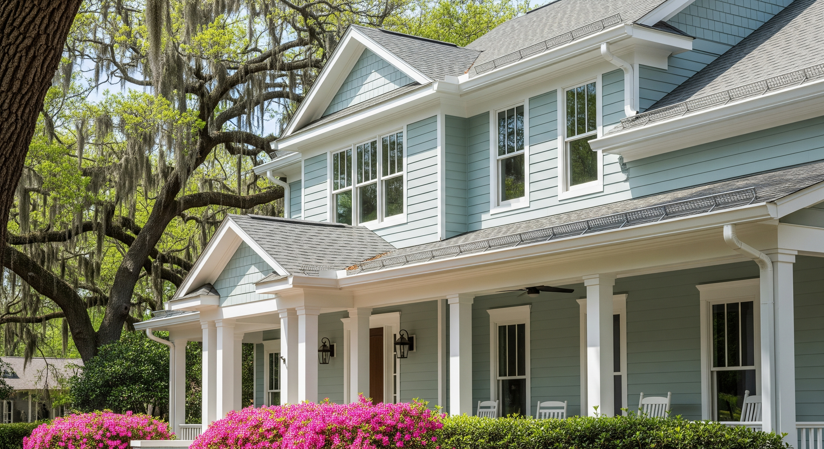 Gutter guards on a Wilmington NC home with mature live oaks and azalea landscaping