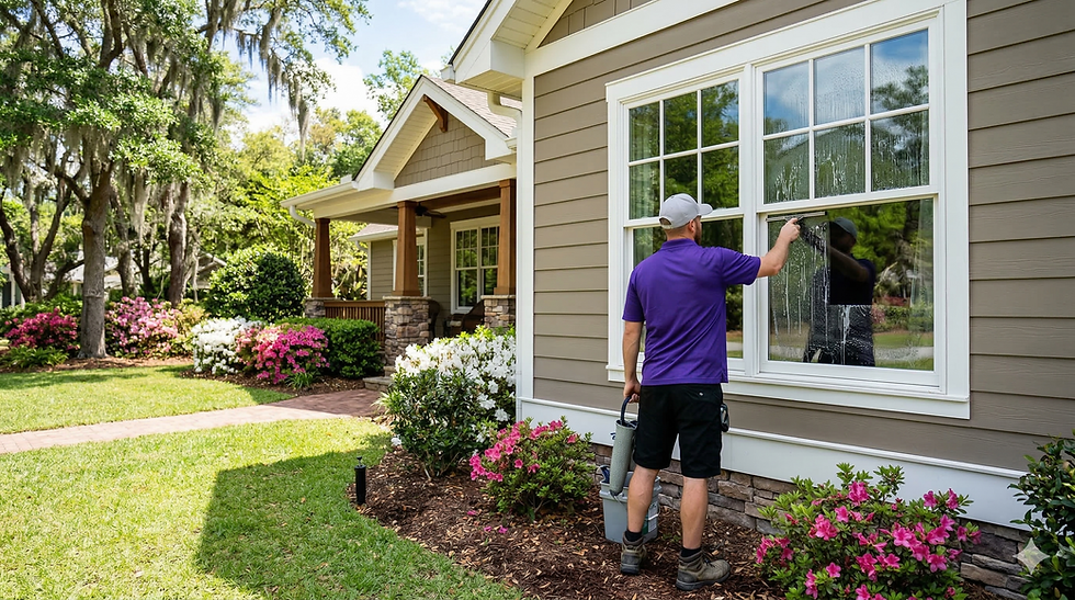 Professional window cleaner removing hard water stains from a home window in Wilmington NC