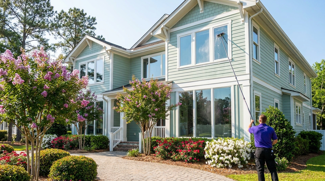 professional window washing company Wilmington NC cleaning second-story windows with a water-fed pole