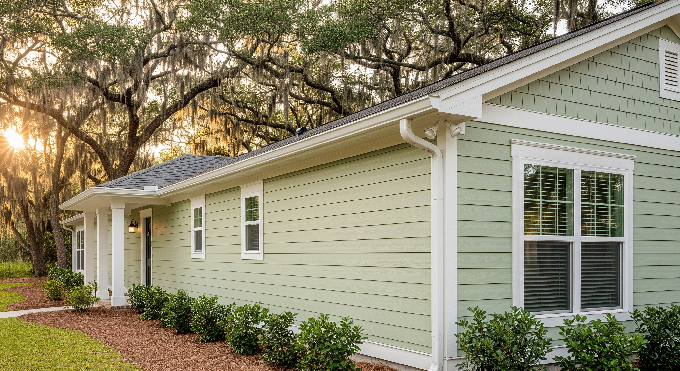 gutter cleanout cost Wilmington NC clean gutters on a sage green ranch home