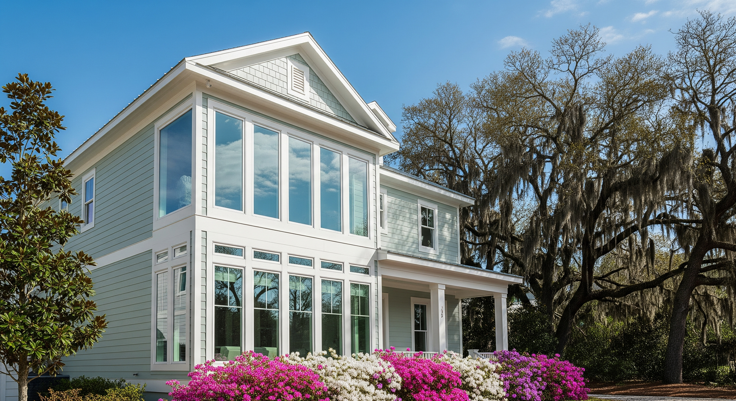 Spotless clean windows on a two-story home after professional window washing in Wilmington NC