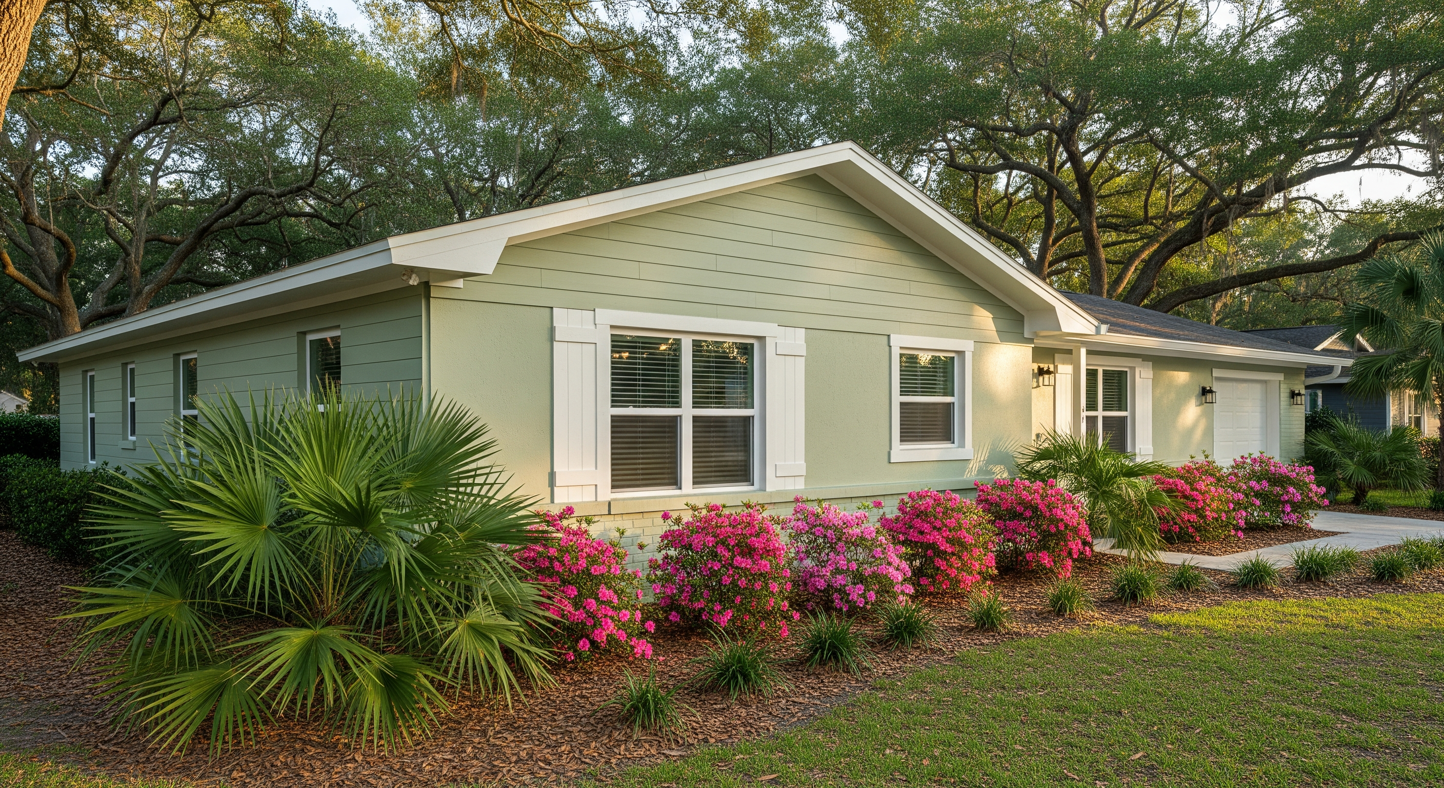 exterior cleaning for seniors in Leland NC, pristine sage-green ranch home