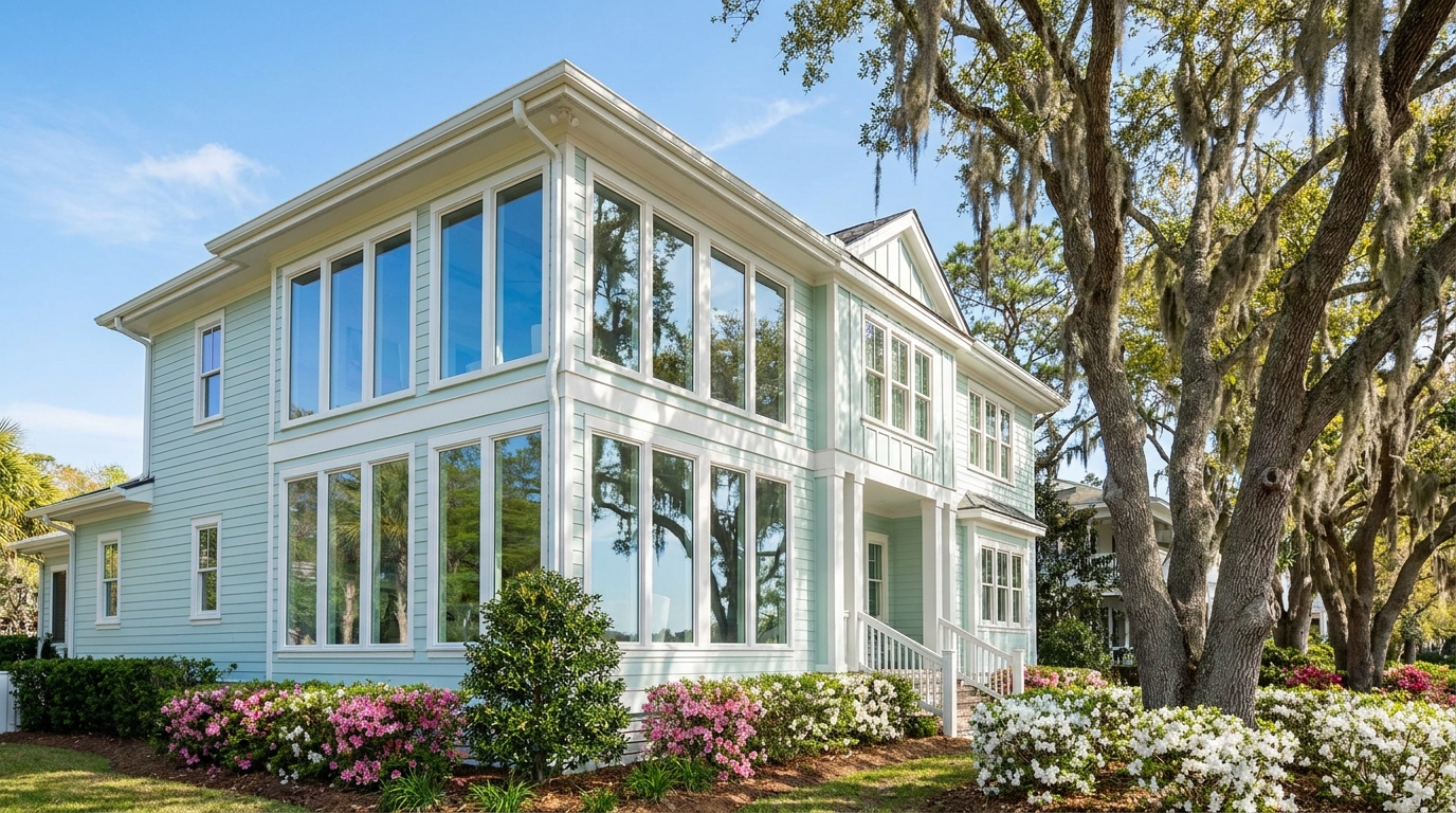 professional window washing Wilmington NC spotless windows on a two-story home