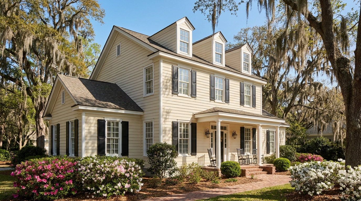clean two-story home exterior after professional exterior cleaning Porters Neck Wilmington NC
