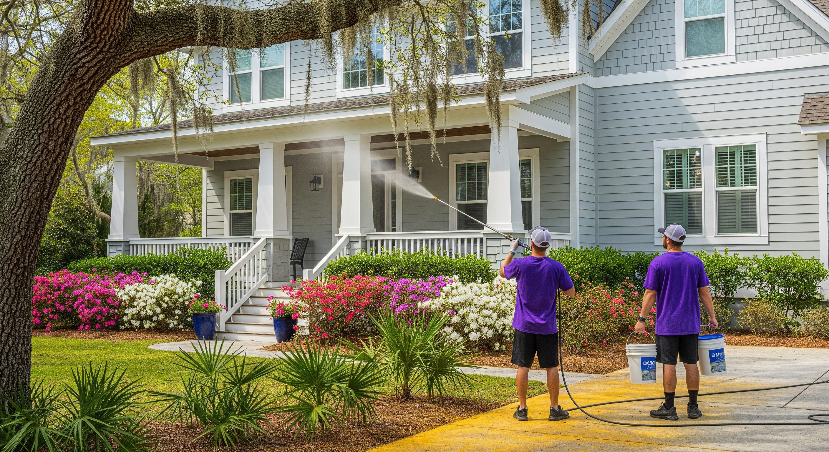 Spring exterior home cleaning in Wilmington NC with professional crew soft washing craftsman home