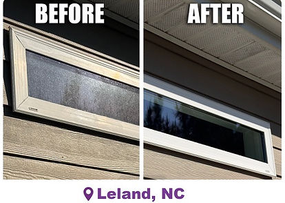 Before and after window cleaning in Brunswick Forest, Leland NC - hard water buildup cleared from awning window