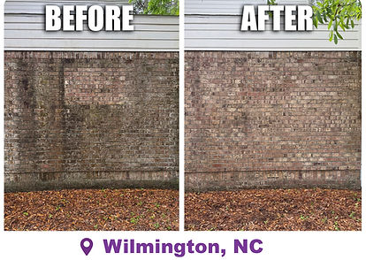 Before and after house washing in Wilmington NC - dark algae staining removed from brick exterior