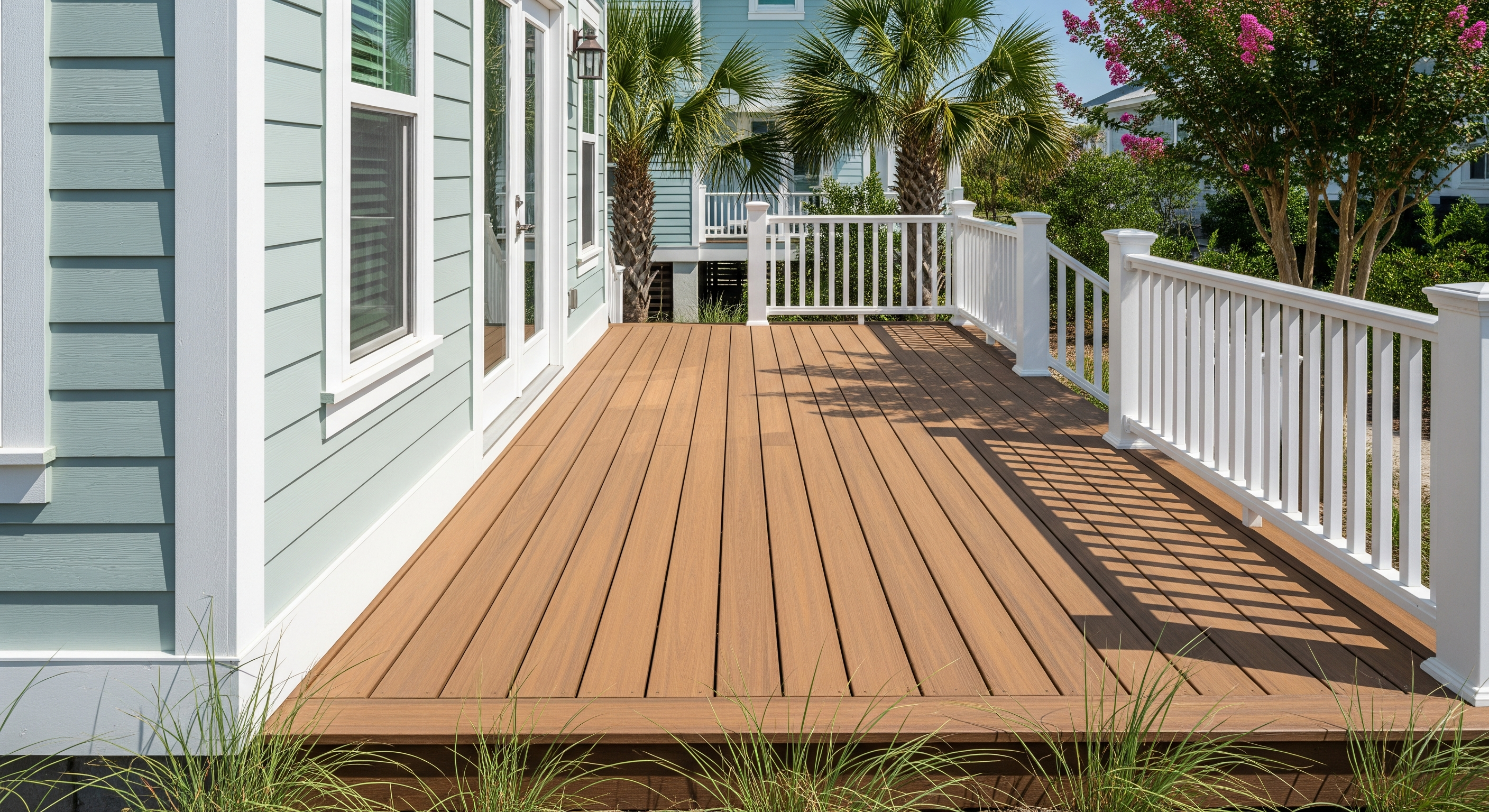 Clean composite deck on a Carolina Beach NC home after professional soft washing