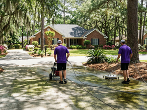 Green algae on a concrete driveway in Leland NC being removed by professional pressure washing