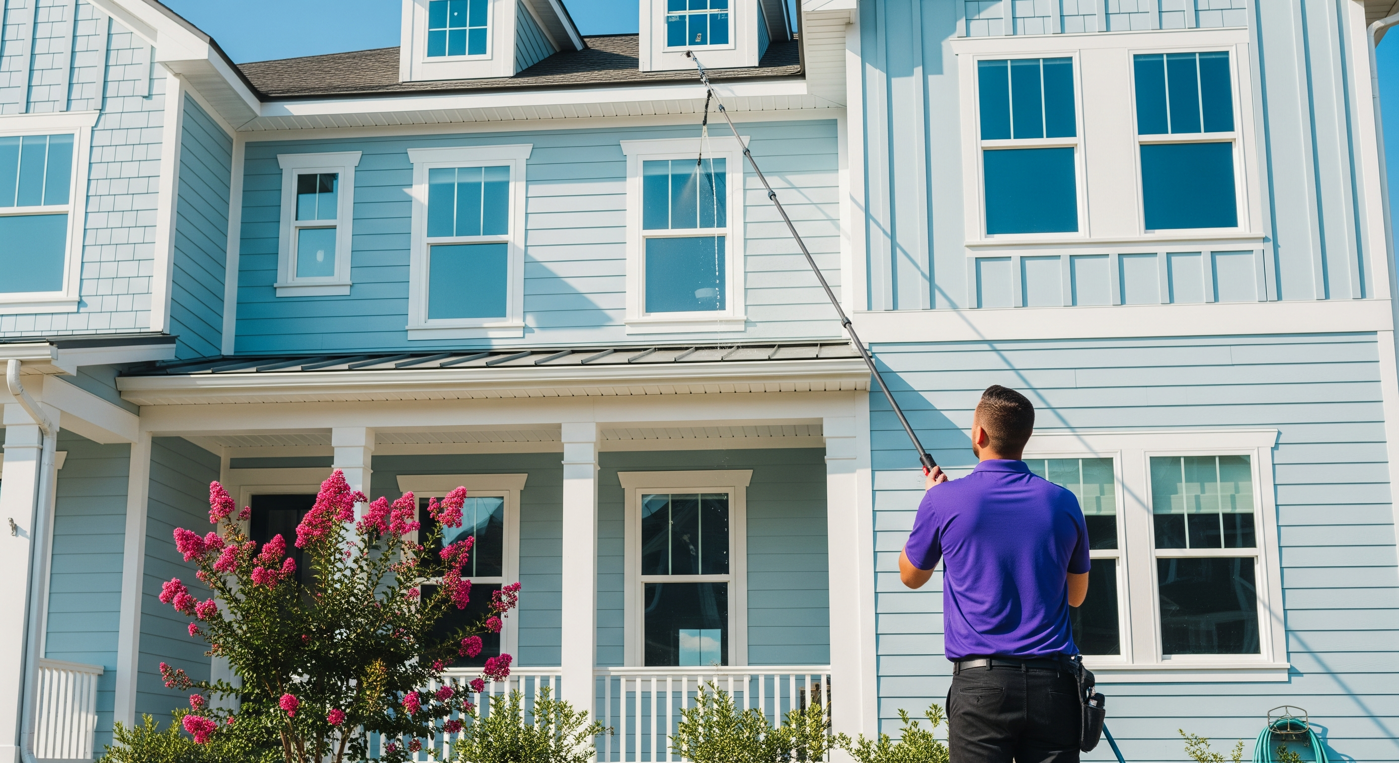 Professional window cleaner using a water-fed pole to clean hard-to-reach windows in Wilmington NC