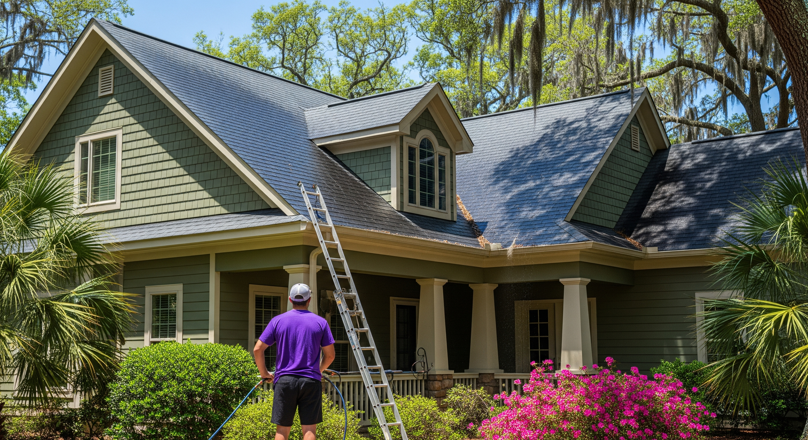 Roof washing vs roof replacement in Wilmington NC - soft wash algae removal on asphalt shingles