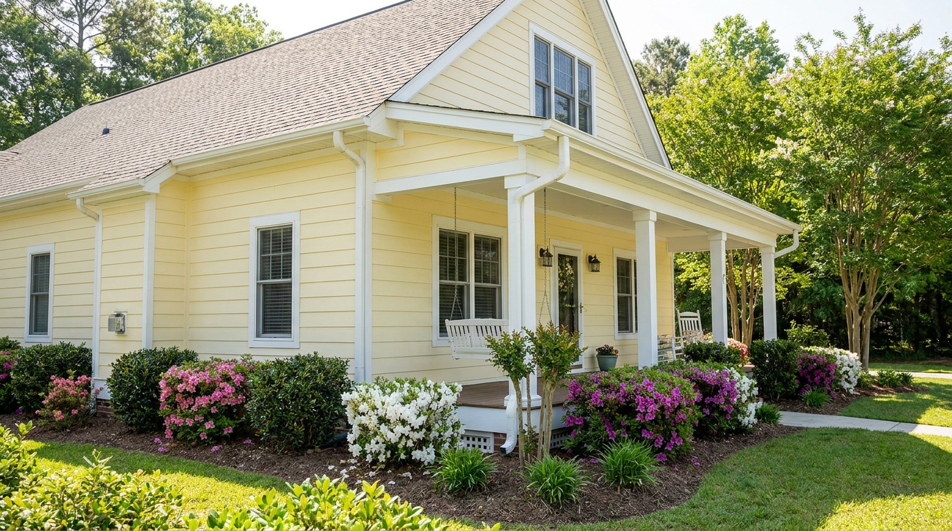 gutter cleaning company Wilmington NC clean white aluminum gutters on a Leland home