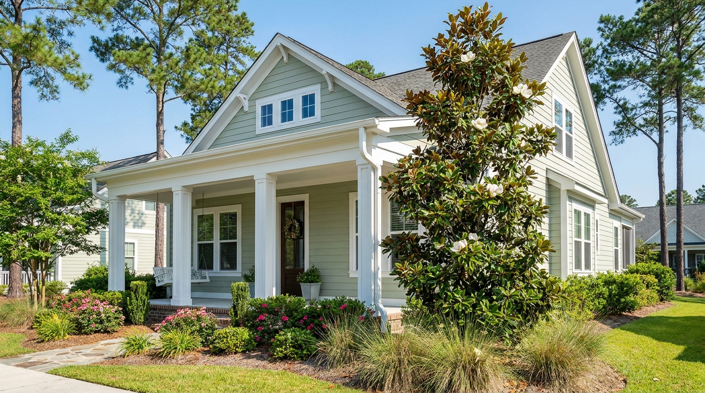 gutter cleaning Magnolia Greens Leland NC clean white gutters on a craftsman home under magnolia and pine trees