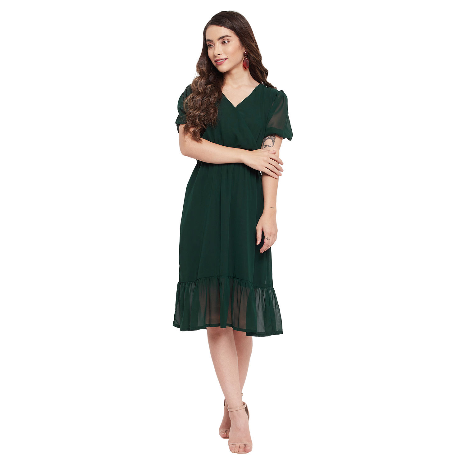 BOTTLE GREEN PUFF SLEEVE MIDI DRESS