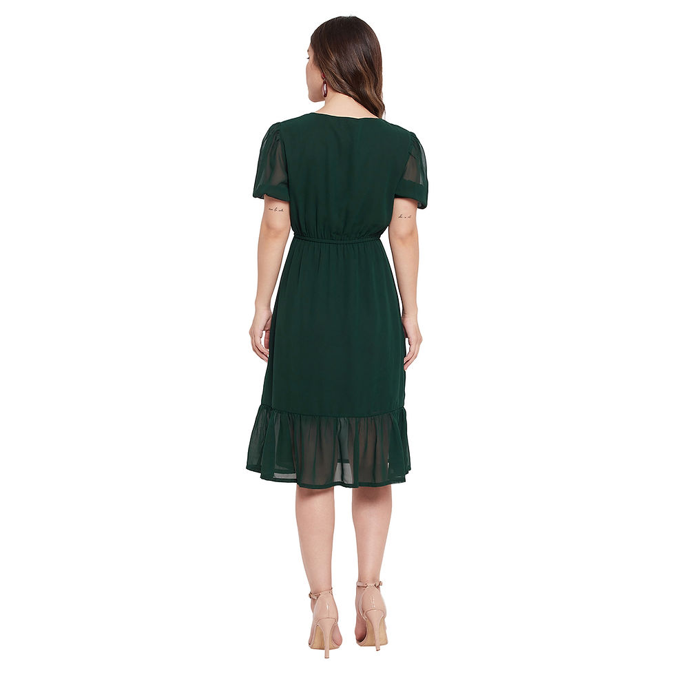 Thumbnail: BOTTLE GREEN PUFF SLEEVE MIDI DRESS