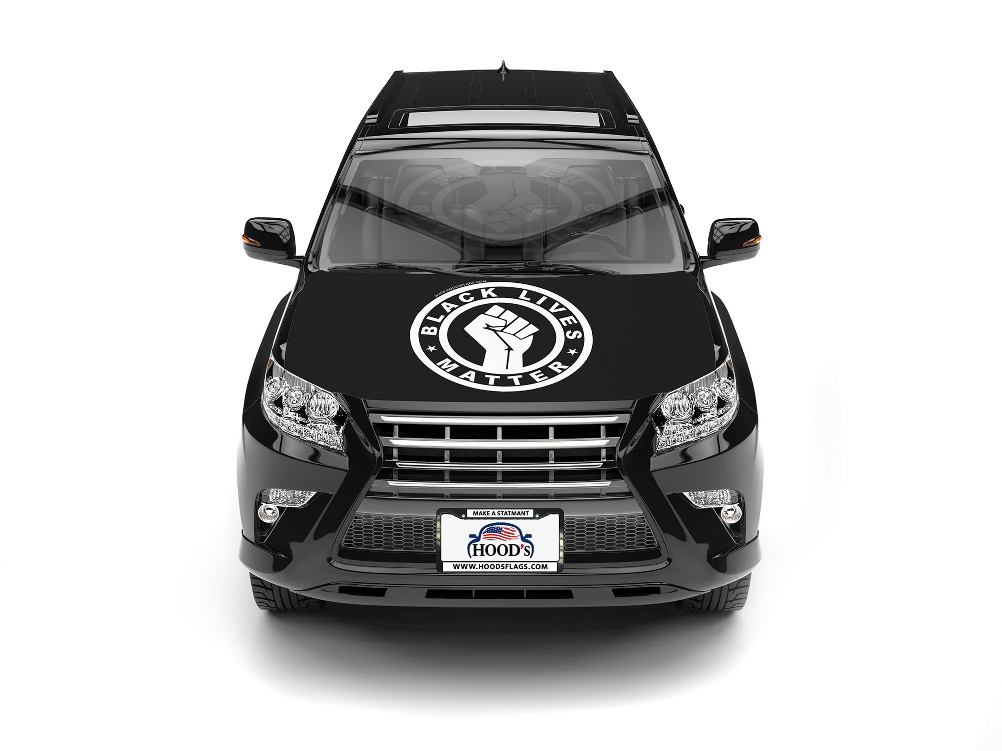 Black SUV with Black Lives Matter (BLM) hood cover featuring raised fist logo