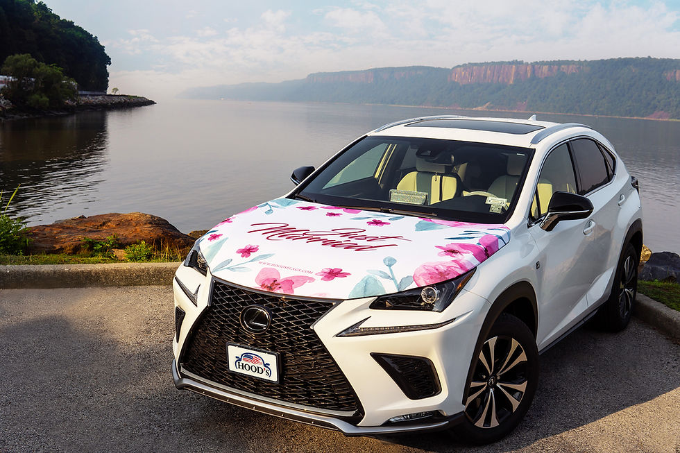 white-vehicle-with-just-got-married-floral-hood-cover-overlooking-water