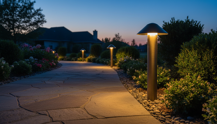 Low-angle view of durable outdoor path lights glowing beside a stone walkway