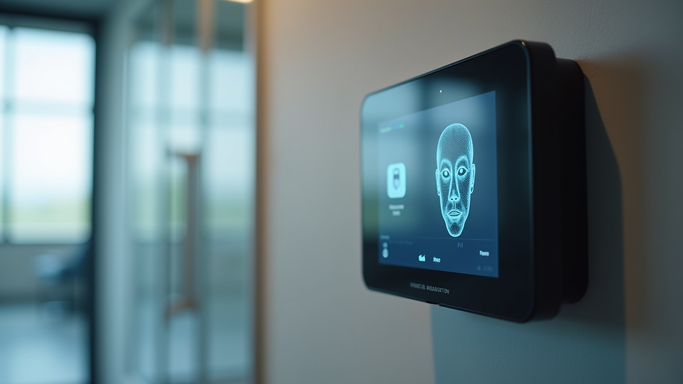 Close-up view of facial recognition biometric device mounted on office wall