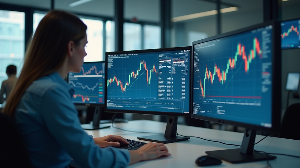 Eye-level view of a modern office workspace with multiple computer screens showing data charts