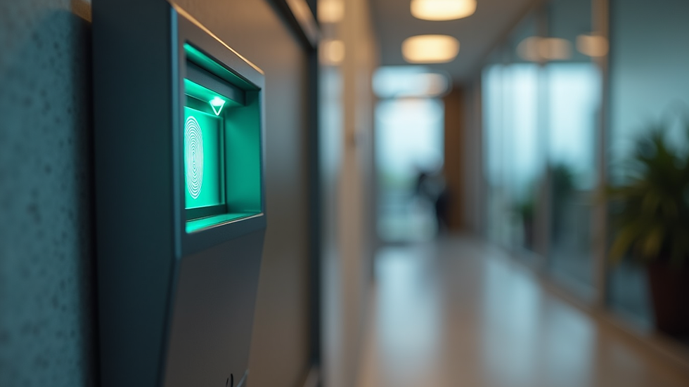 Eye-level view of biometric fingerprint scanner installed at office entrance