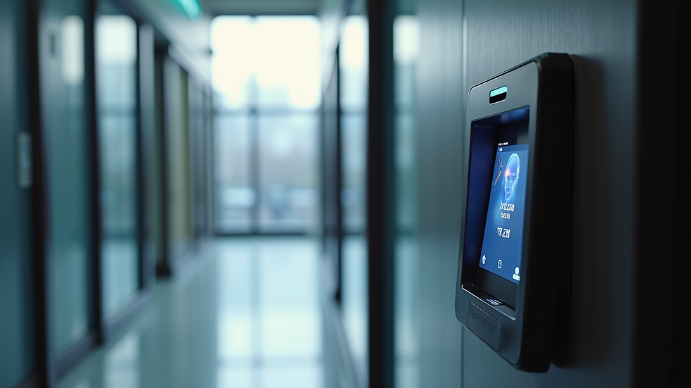 Eye-level view of biometric facial recognition terminal at an office entrance