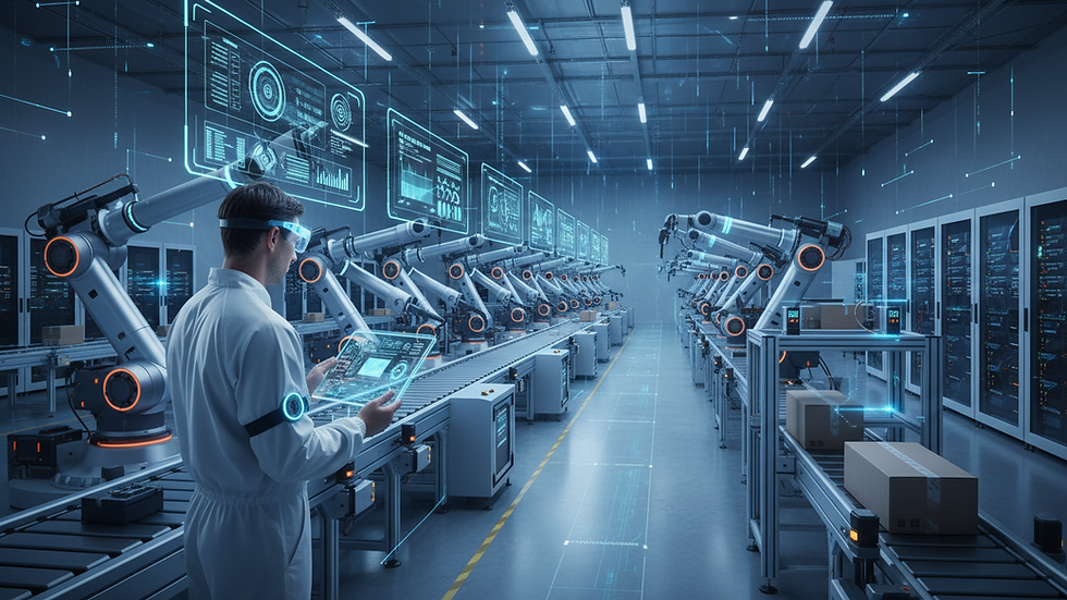 Eye-level view of industrial automation equipment in a manufacturing plant