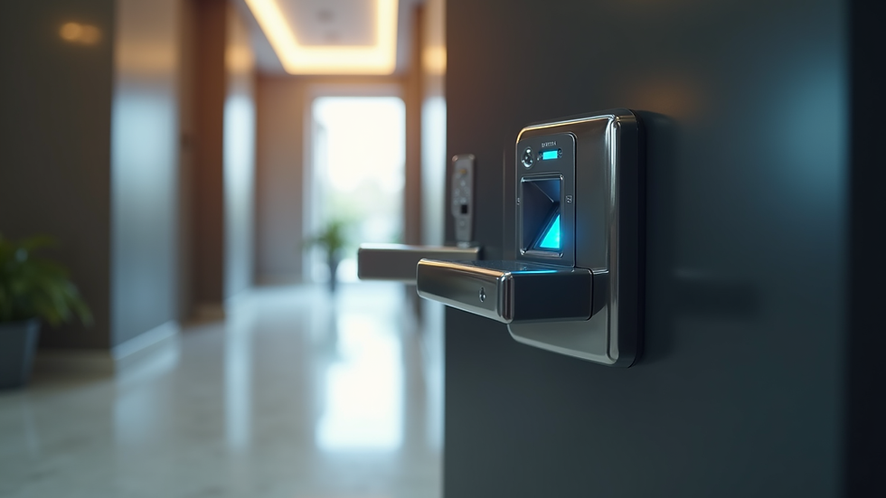 Eye-level view of a corporate entrance equipped with biometric access control system