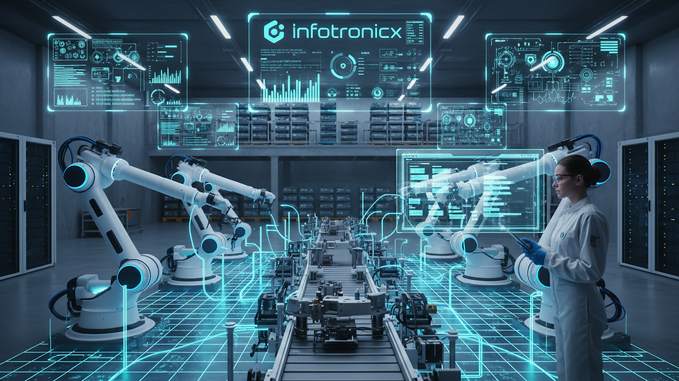 Eye-level view of industrial automation machinery in a factory