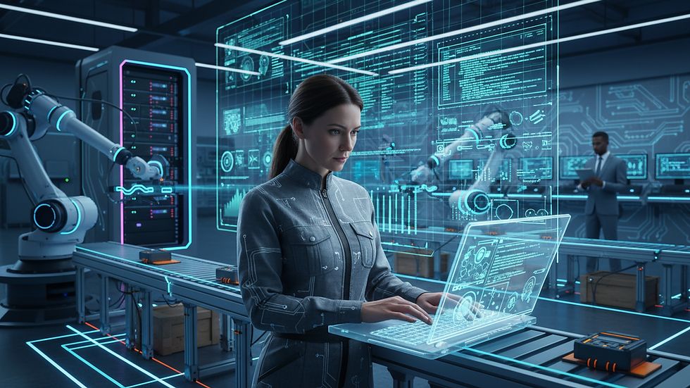 Eye-level view of a software developer working on a laptop with code on screen