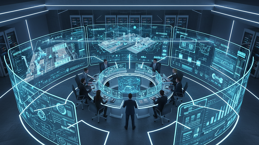 High angle view of control room with multiple screens monitoring industrial processes