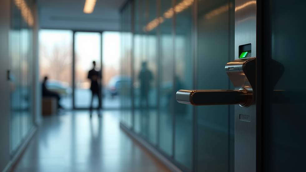 Eye-level view of a biometric access control terminal at an office entrance