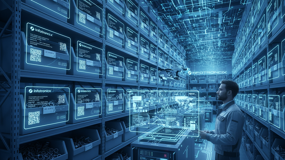 Close-up view of warehouse shelves with labelled spare parts