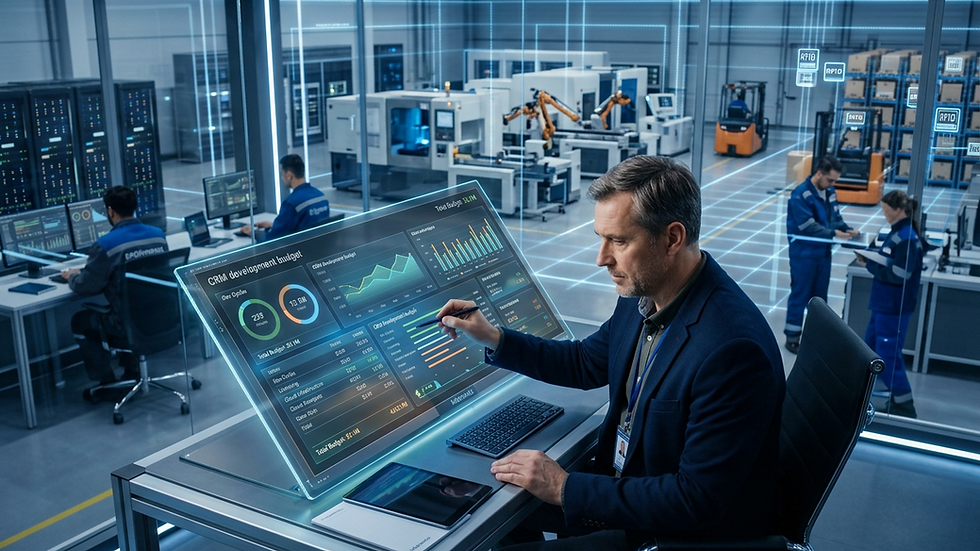 High angle view of a project manager reviewing CRM development budget