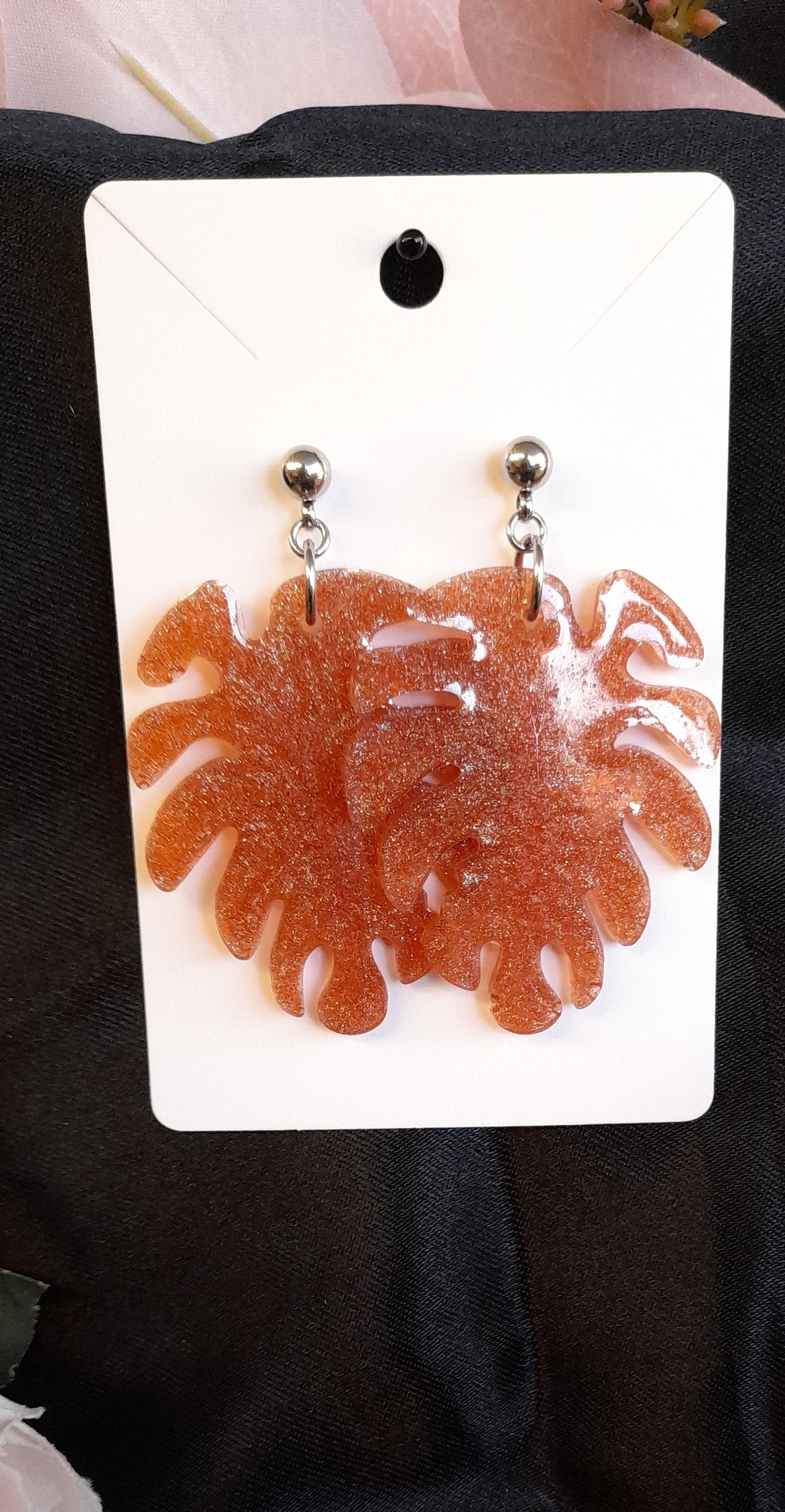 CLEARANCE- Orange Glitter Leaf stud Earrings