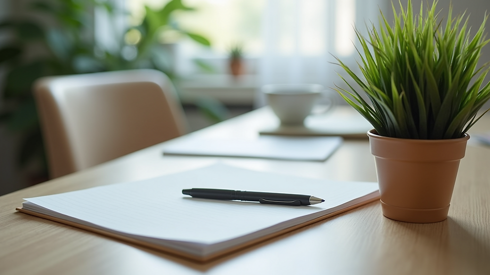 Close-up view of a therapist’s desk with a notebook, pen, and calming plant