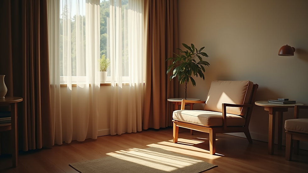 Eye-level view of a cozy corner with soft lighting and a comfortable chair