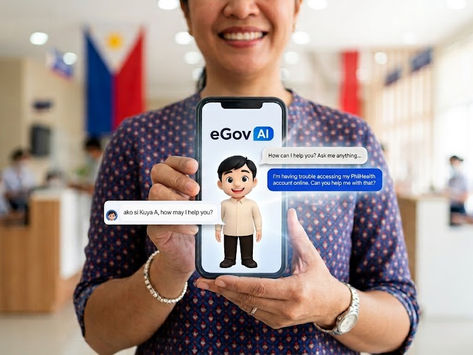 A Filipina Businesswoman holding a phone showing eGovAI's and Kuya A
