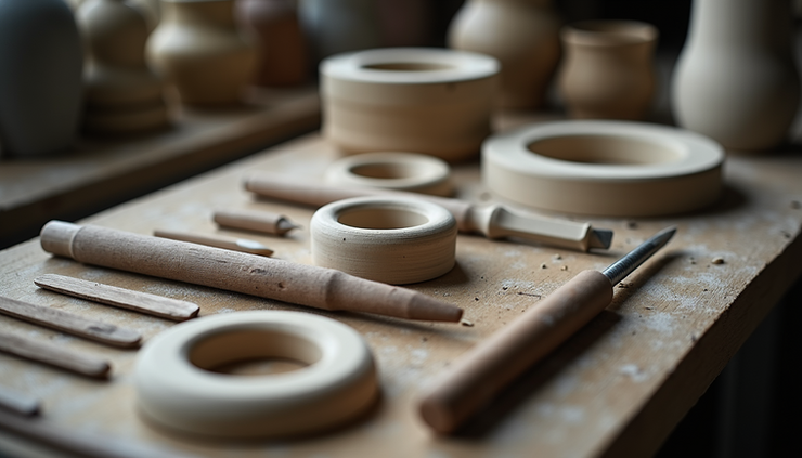 High angle view of ceramic cutting tools arranged on a workbench